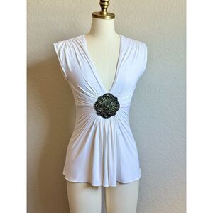 Vintage Y2K Sky White Jeweled Tunic Top XS Medallion Sexy Boho Festival